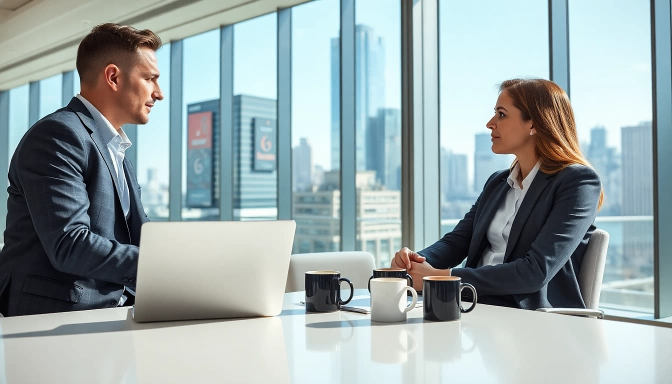 Headhunter Schweiz berät einen Kandidaten in einem modernen Büro über Karrieremöglichkeiten.