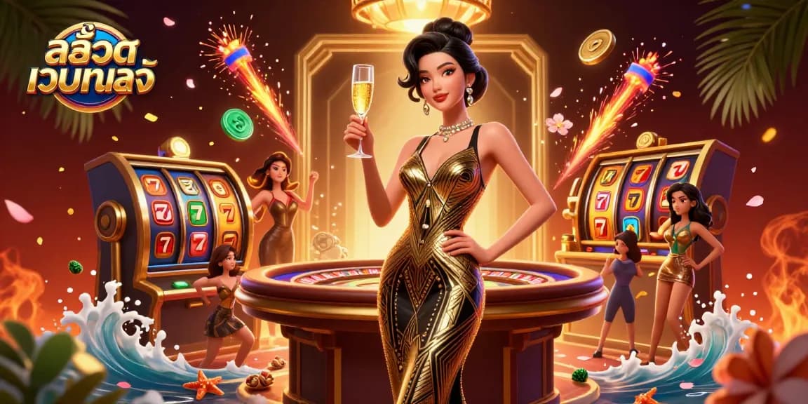 Experience high-stakes action with สล็อตเว็บตรงแท้ in a vibrant casino setting featuring slot reels.