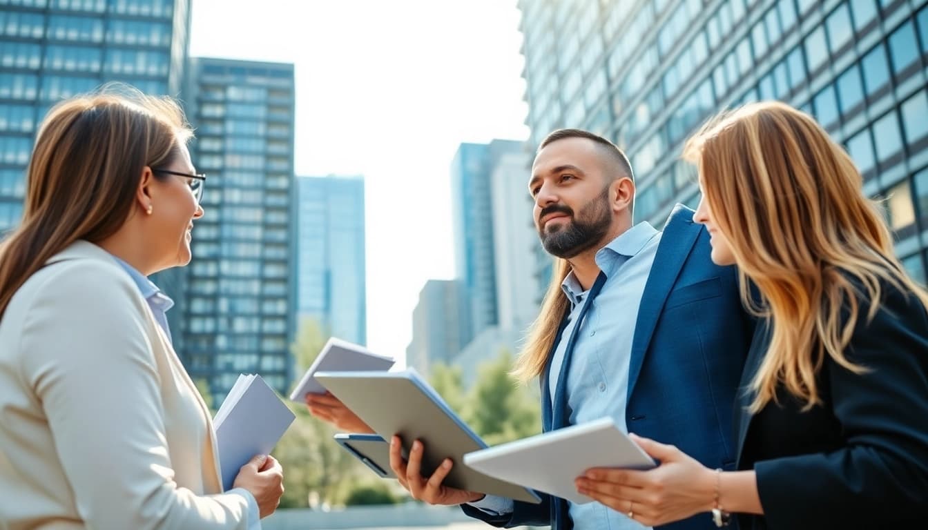 Immobilienmakler Frankfurt Eckenheim präsentiert Immobilien an Informationsstand im Freien.