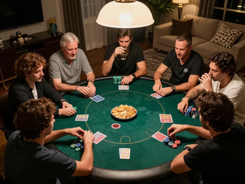 Spieler in einem strategischen Pokerspiel zu Hause, die Immobilienmakler Frankfurt Ginnheim in einer entspannten, aber wettbewerbsfähigen Atmosphäre zeigen.