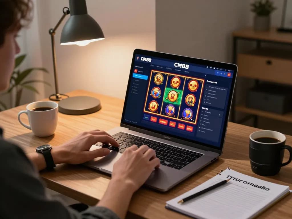 Engaging with CM88 online gaming on a laptop, showcasing vibrant slot games and strategic notes.