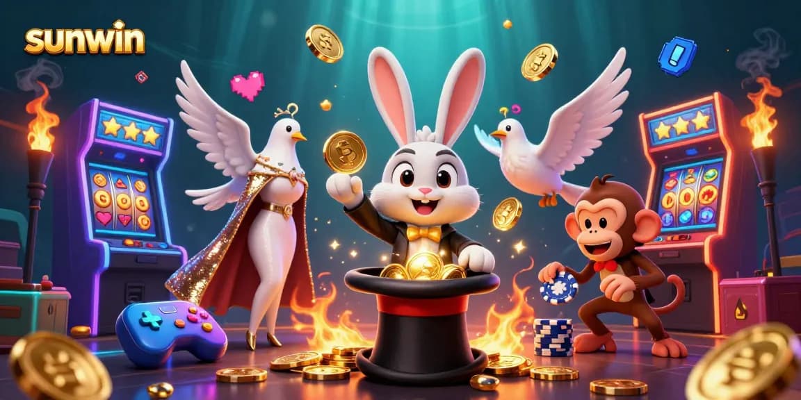 Experience thrilling gaming action with sunwin featuring a 3D magician rabbit and vibrant slot elements.