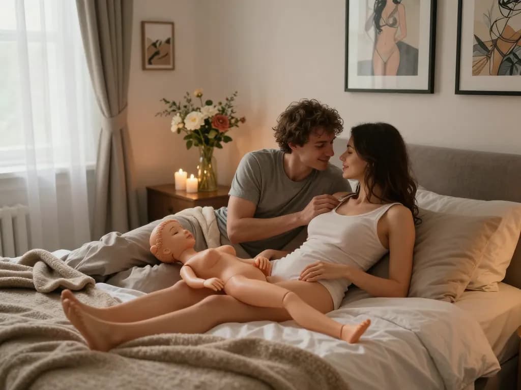 Ein Paar genießt einen verspielten Moment mit der Besten Sexpuppe in einem gemütlichen Schlafzimmer.