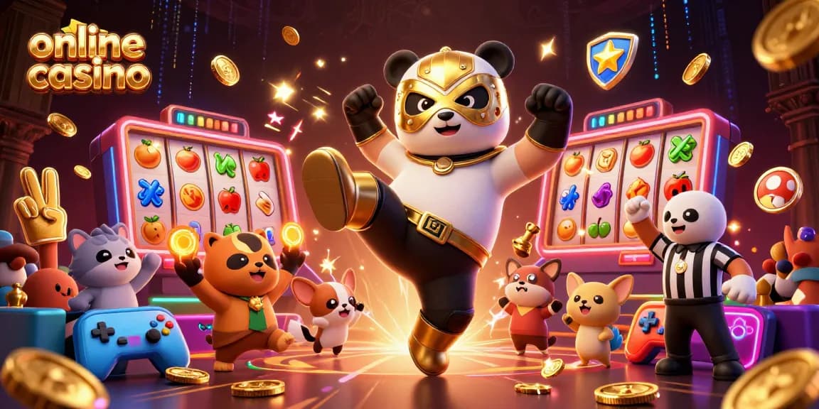 Engaging scene showcasing an online casino with a wrestling panda, energizing animals, and vibrant slot elements.