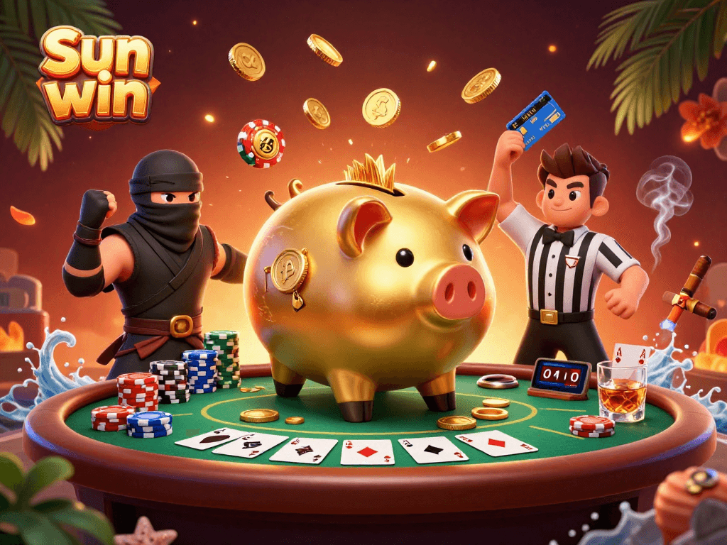 Experience thrilling gameplay with Sun win, featuring lively characters and poker elements in action.