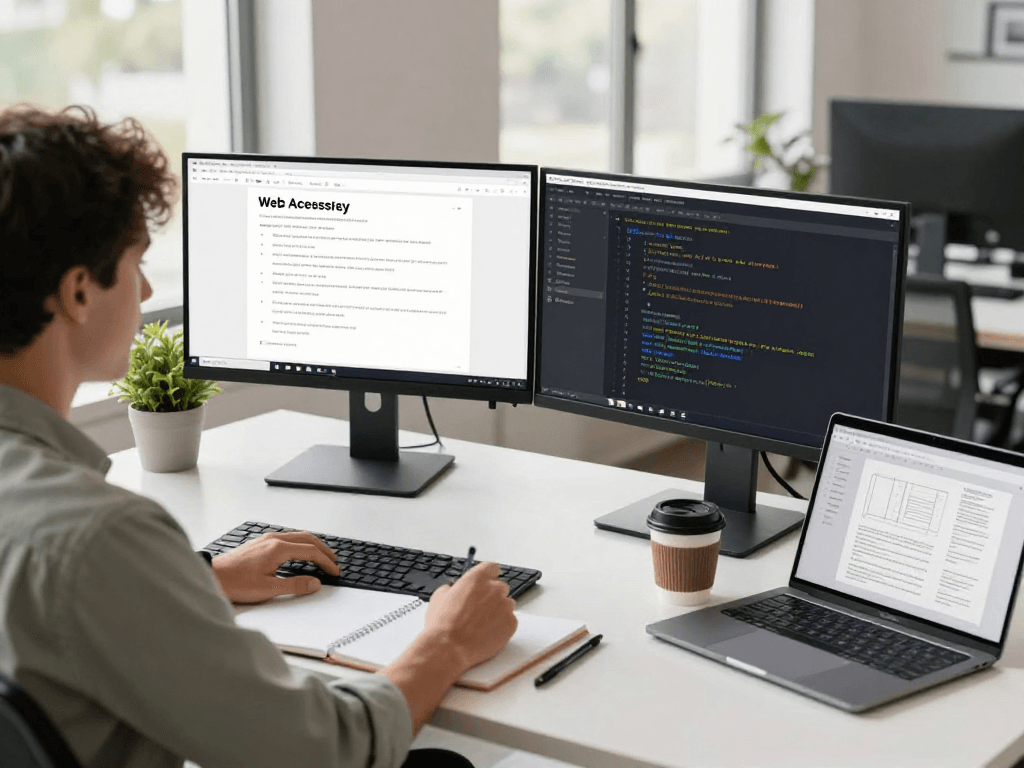 Barrierefreie und rechtssichere Webseiten Dienstleistung in a professional digital workspace emphasizing accessibility and compliance.