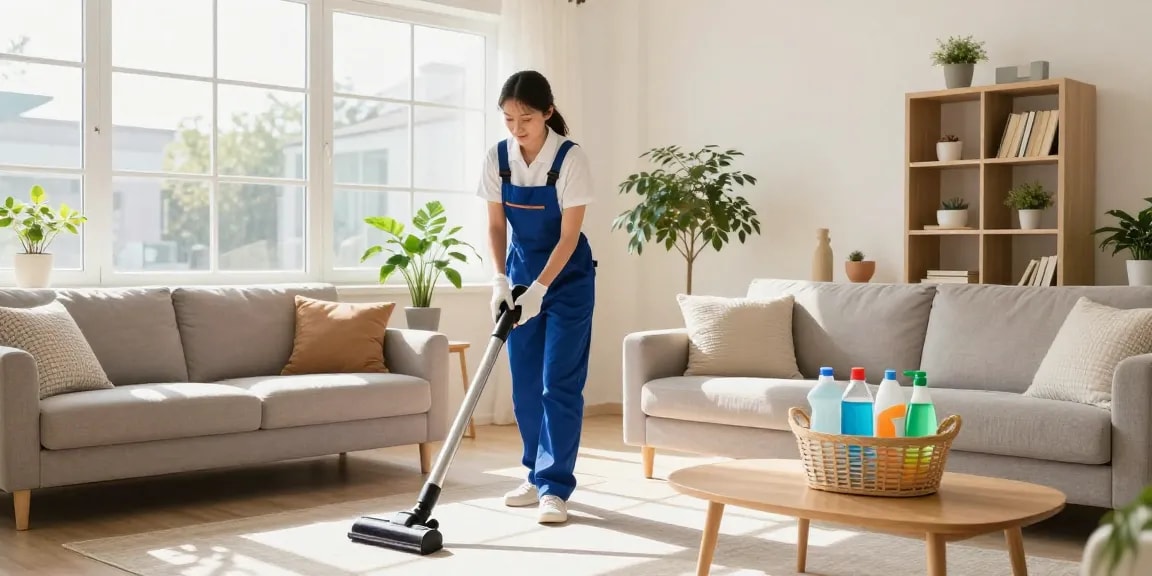 Expert cleaner in a bright home ensuring pristine spaces, showcasing reinigungsfirmen in bern.