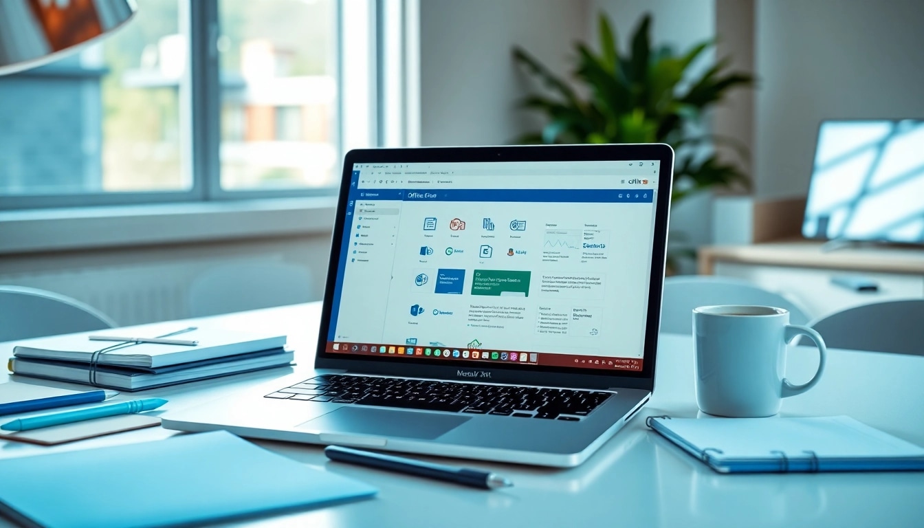 Geschäftlicher Arbeitsplatz mit Microsoft Office Pro Plus 2024 Lizenzschlüssel auf Laptop-Bildschirm.