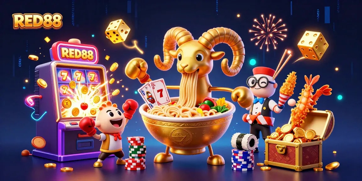 Experience the excitement of RED88 as a golden ramen bowl dealer shares winning cards and chips.