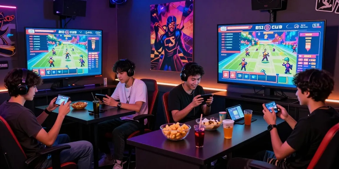 Exciting gaming lounge scene with players enjoying B52 CLUB at https://b52club.radio.fm/ on their devices, highlighting community and fun.