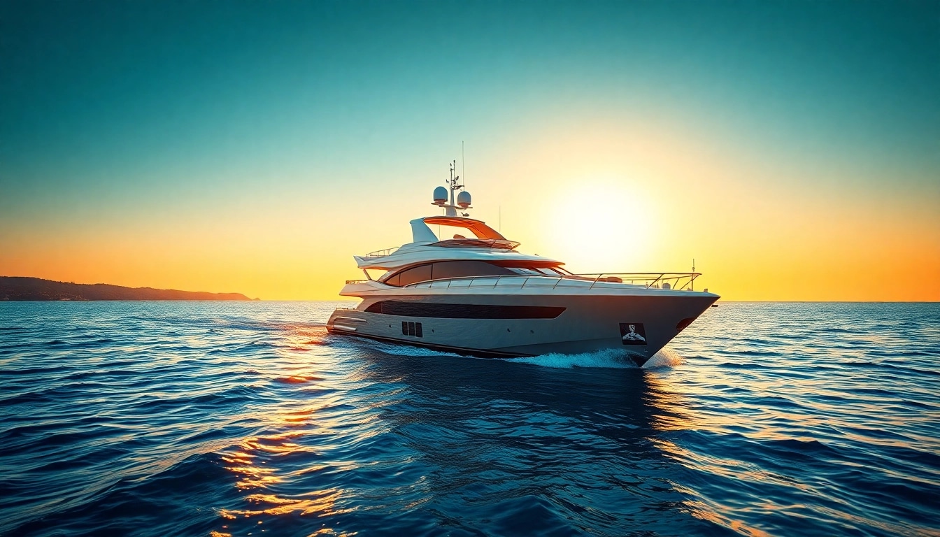 Erleben Sie Mega Lüfer Yachts auf dem glitzernden Wasser bei Sonnenuntergang mit luxuriösem Design.