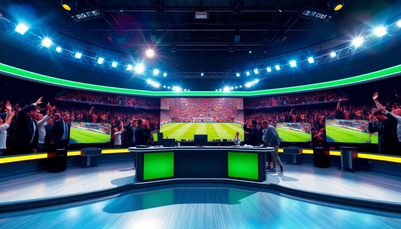 Engaging scene of sports broadcasting studio capturing the excitement of live sports events.