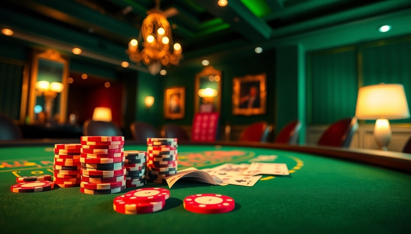 Spiele casinospiele mit bunten Chips und Karten auf einem stilvollen Pokertisch