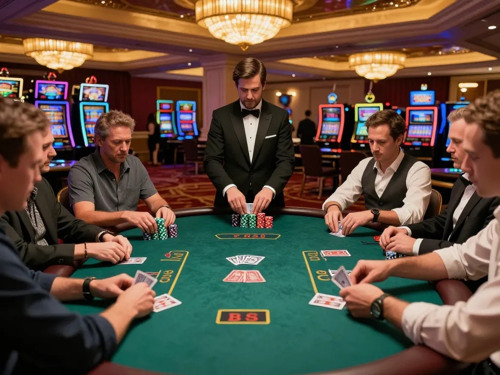 Players engaged in high-stakes poker game at TG88 casino with strategic chip placements and intense focus.
