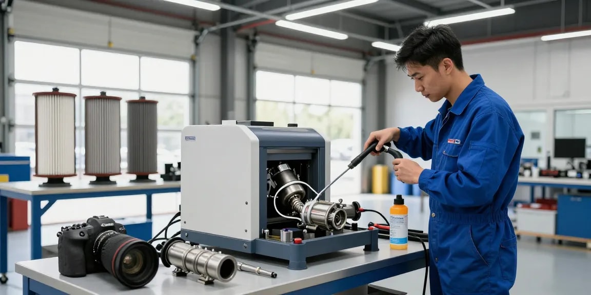 DPF Reinigung Laatzen in professioneller Werkstatt mit technischer Ausrüstung und einem Techniker bei der Arbeit.