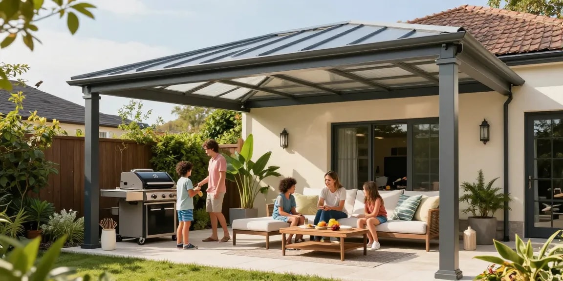 Moderne Terrassenüberdachung mit Familie, die im Freien entspannt.