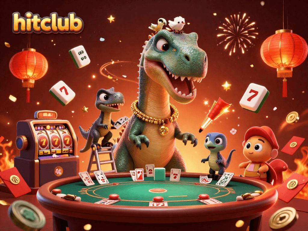 Hitclub players enjoy a lively casino scene featuring a giant brontosaurus among poker tables and festive decorations.