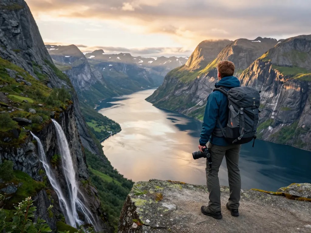 Reisetipps Skandinavien: Abenteurer am norwegischen Fjord bei Sonnenaufgang.