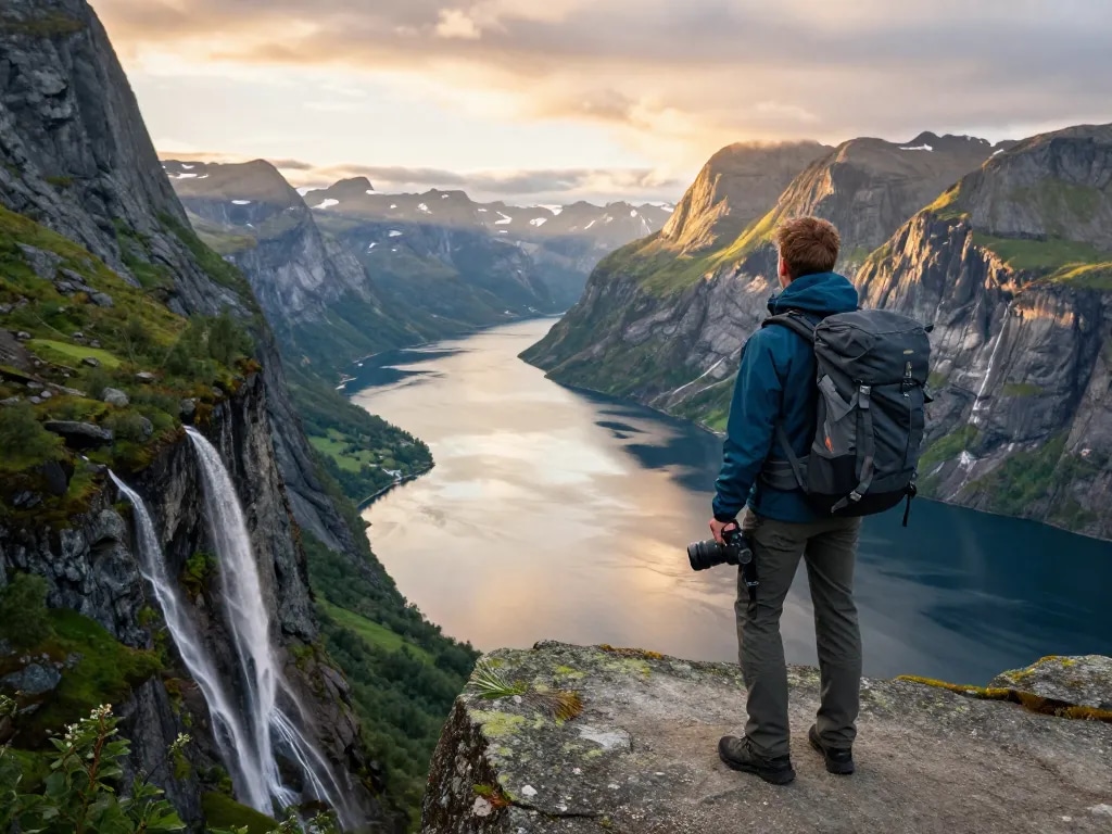 Reisetipps Skandinavien: Abenteurer am norwegischen Fjord bei Sonnenaufgang.