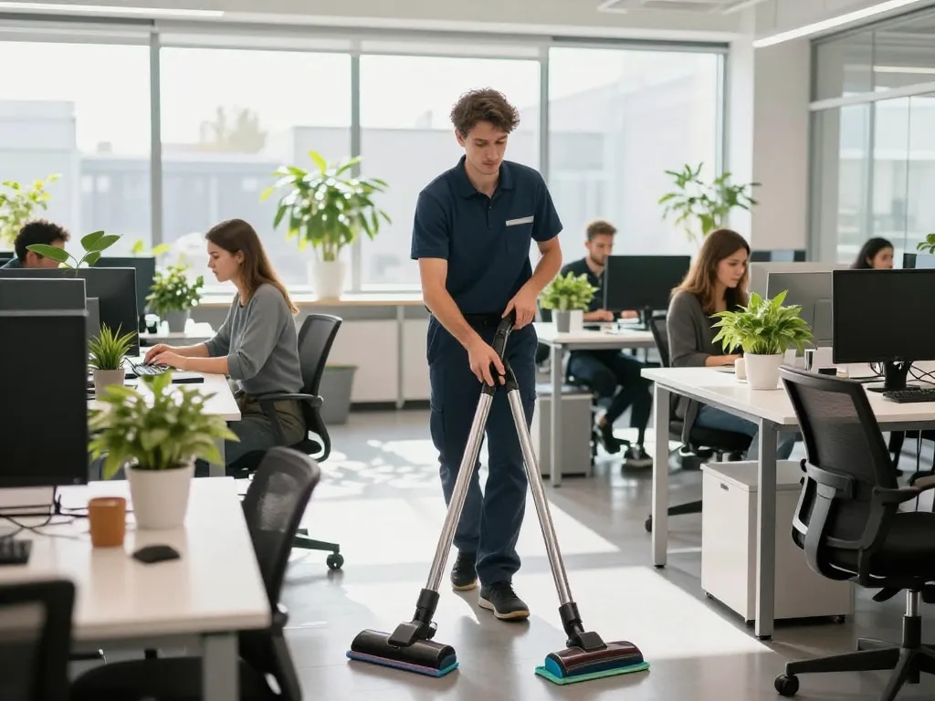 Unterhaltsreinigung in Münster – professioneller Reiniger, der Sauberkeit in modernen Büroumgebungen gewährleistet.