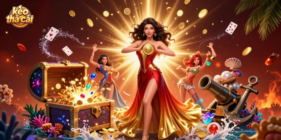 Engage in kèo nhà cái betting with stunning visuals of a lady holding a golden coin among treasures.