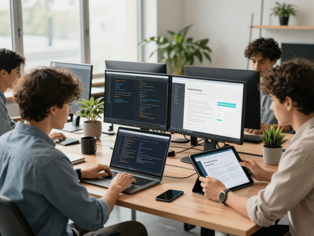 Barrierefreie und rechtssichere Webseiten Dienstleistung: Team bei der Entwicklung barrierefreier Webseiten in modernem Büro, Zusammenarbeit und Technik im Vordergrund.