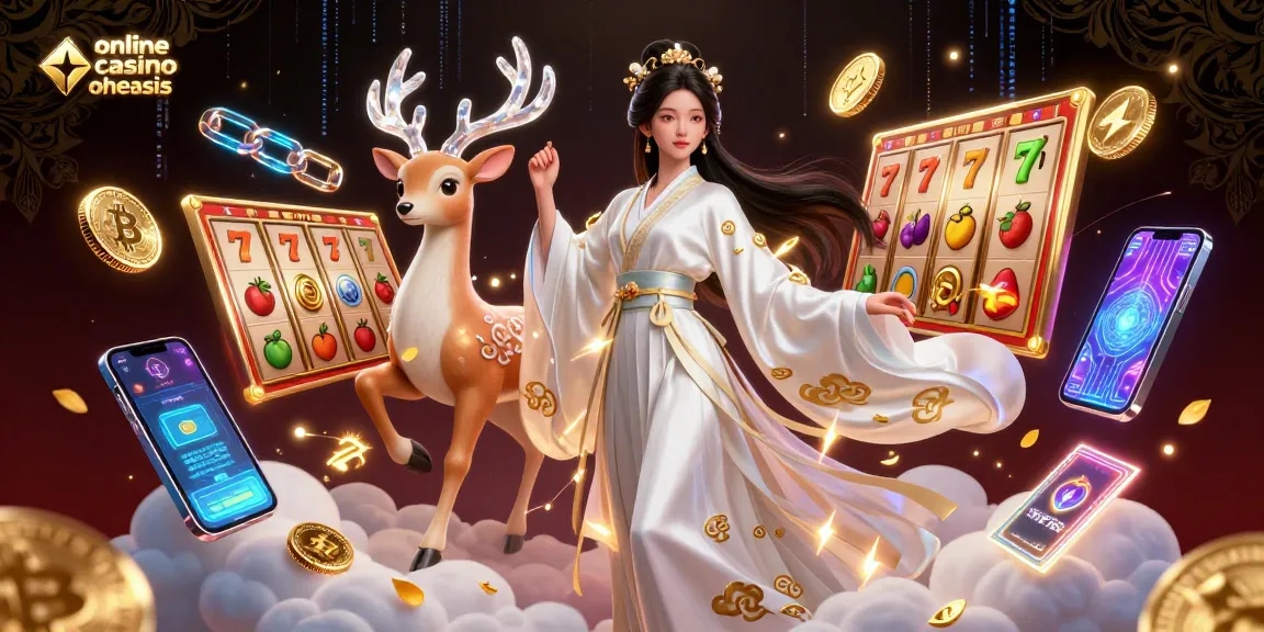 Experience gaming freedom in an online casino ohne oasis with vibrant slot reels, crypto coins, and energetic characters.