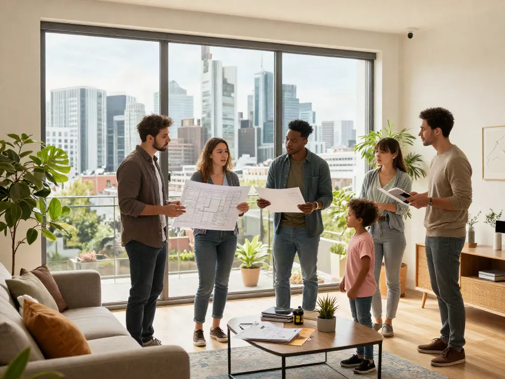Bester Immobilienmakler Frankfurt zeigt moderne Wohnung mit potenziellen Käufern und einladender Atmosphäre.