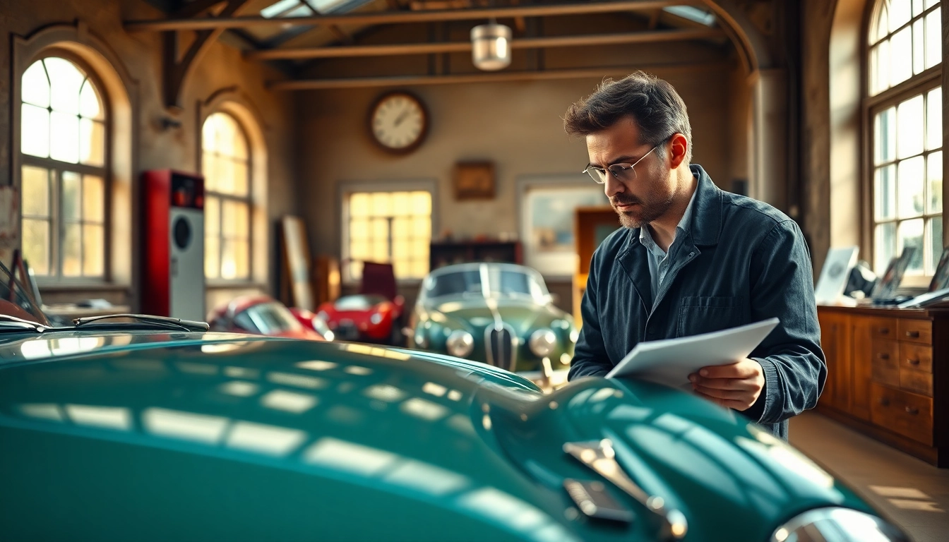 Fachmann für Oldtimer Gutachten bewertet einen klassischen Sportwagen unter natürlichem Licht in einer stilvollen Garage.