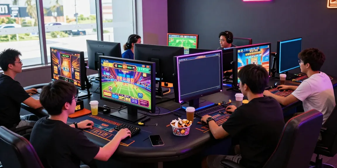 A lively iwin gaming setup with players engaged in various online games featuring vibrant graphics and RGB lighting.