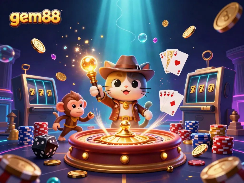 Experience thrilling casino adventures with gem88 through this vibrant 3D illustration of an explorer cat discovering treasures.