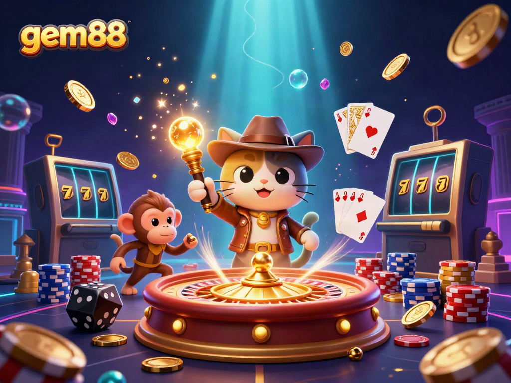 Experience thrilling casino adventures with gem88 through this vibrant 3D illustration of an explorer cat discovering treasures.