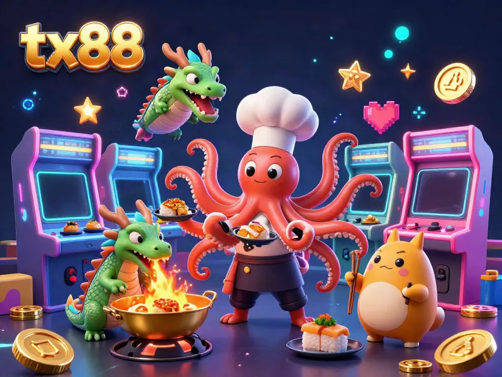 Engage with tx88's dynamic sushi-themed casino gaming scene featuring vibrant characters and colorful arcade elements.