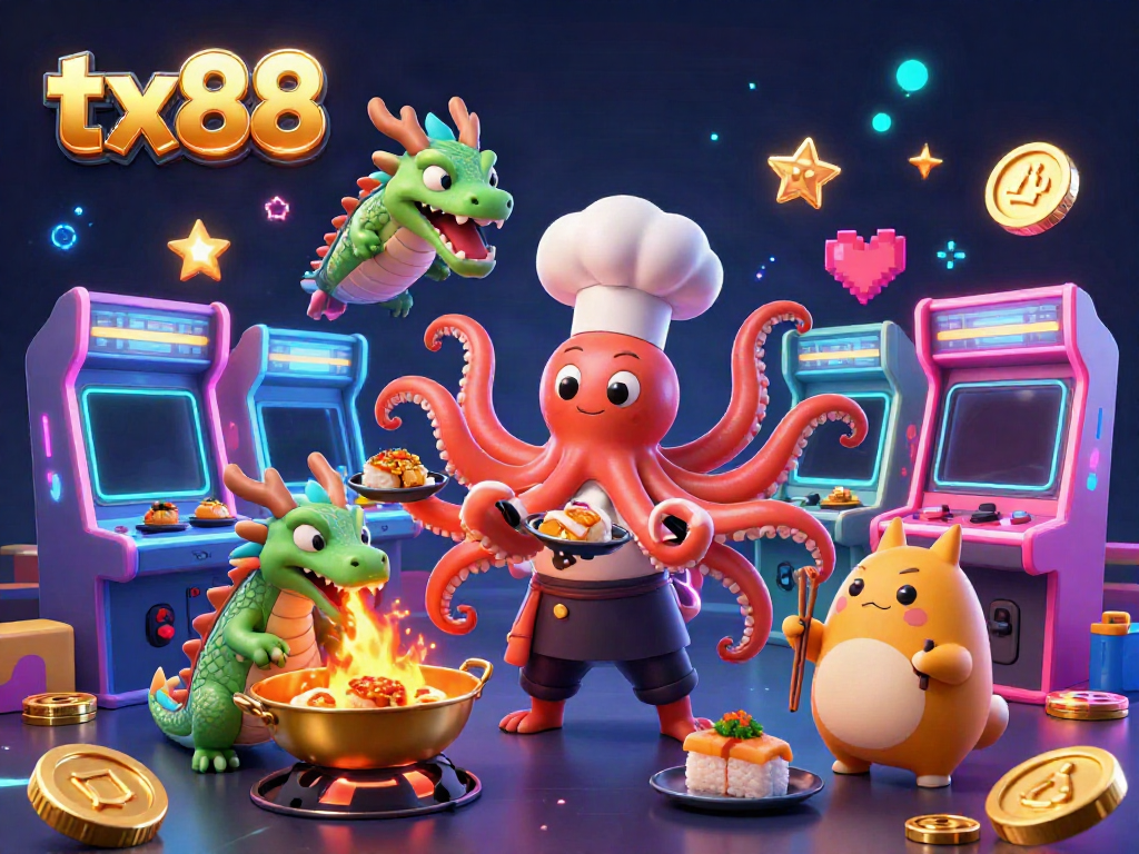 Engage with tx88's dynamic sushi-themed casino gaming scene featuring vibrant characters and colorful arcade elements.