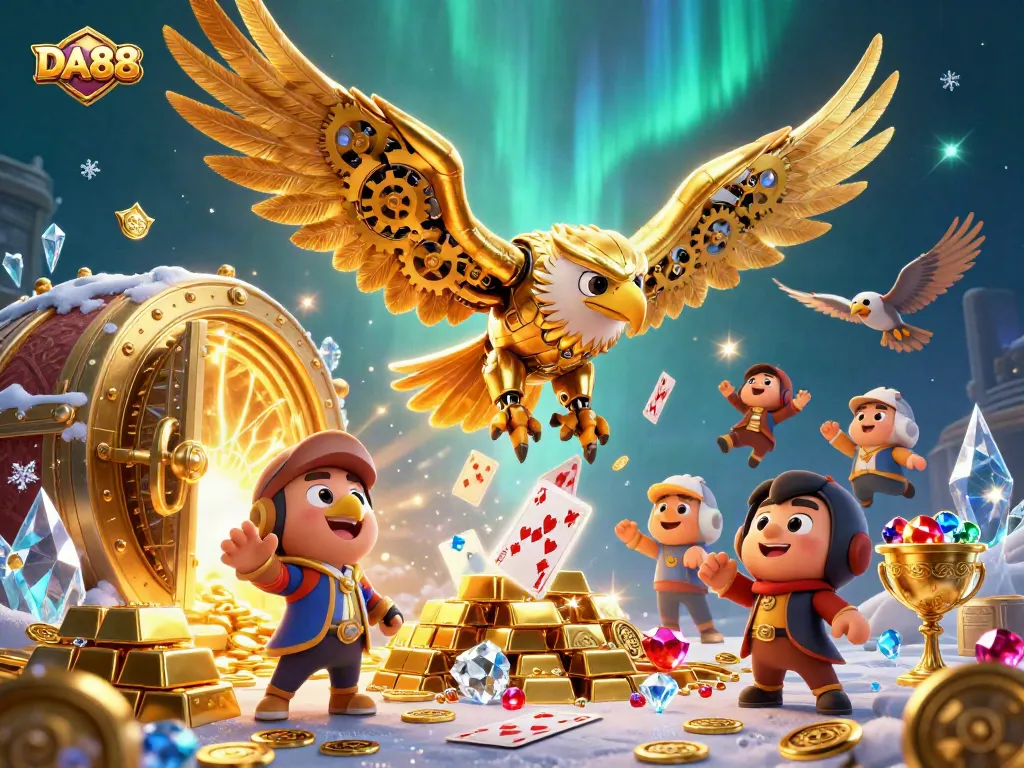 Experience thrilling gameplay at DA88 with golden eagles and dazzling treasures in a casino-themed illustration.