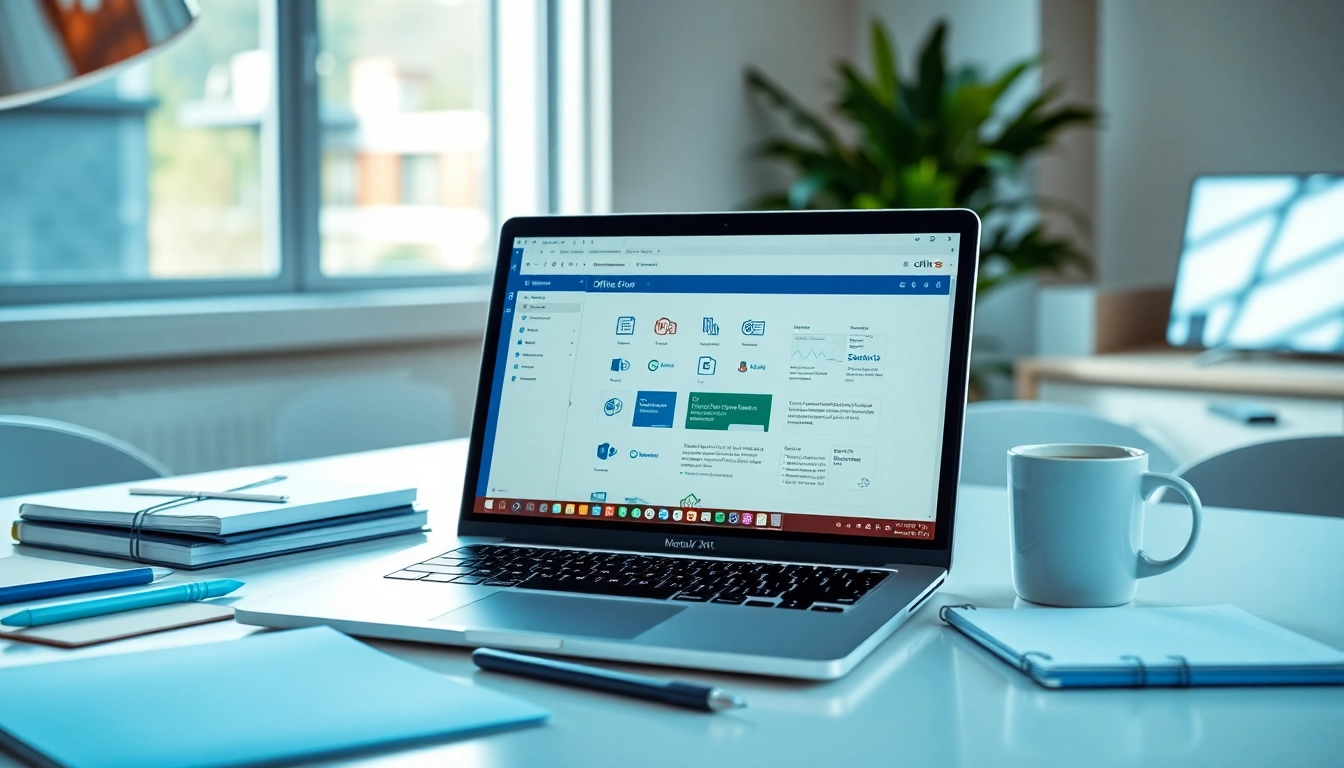 Geschäftlicher Arbeitsplatz mit Microsoft Office Pro Plus 2024 Lizenzschlüssel auf Laptop-Bildschirm.