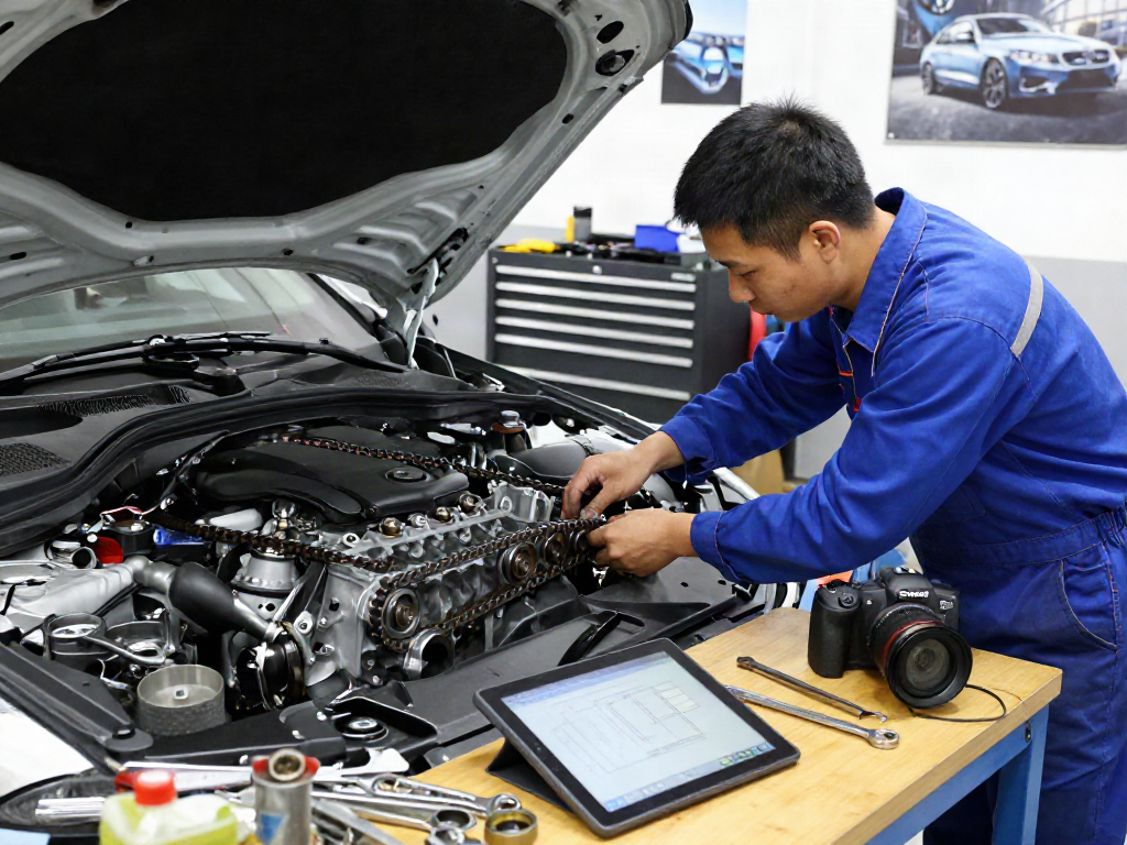 Mechaniker bei der Steuerkettenwechsel an einem BMW in einer modernen Werkstatt.