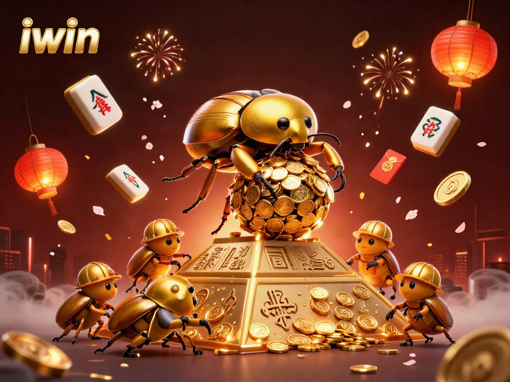 Engage in iwin casino thrills with cartoon beetles and golden treasures in 3D art.