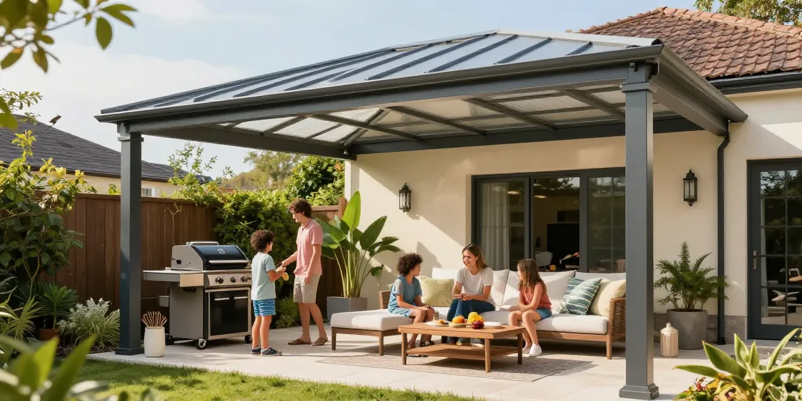 Moderne Terrassenüberdachung mit Familie, die im Freien entspannt.