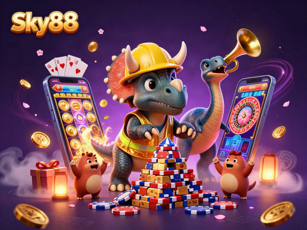 Sky88 showcases winning gameplay with vibrant slots and poker chip celebrations in a dynamic casino scene.