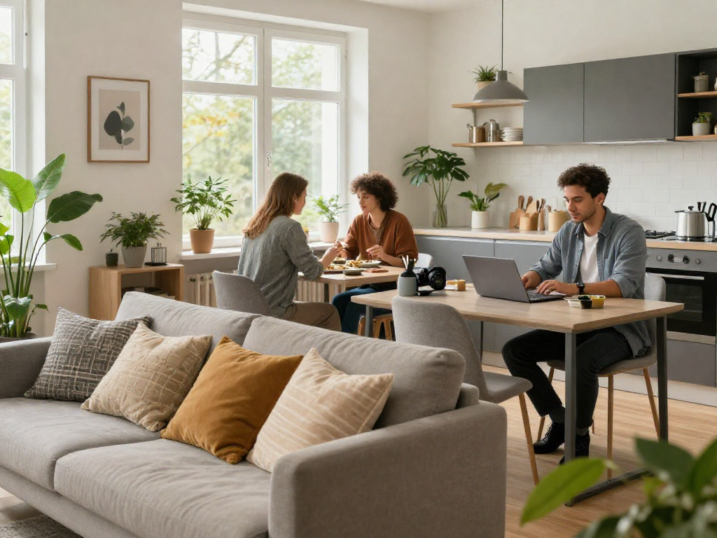 Furnished monteurwohnung hannover mit modernem Wohnzimmer und voll ausgestatteter Küche.