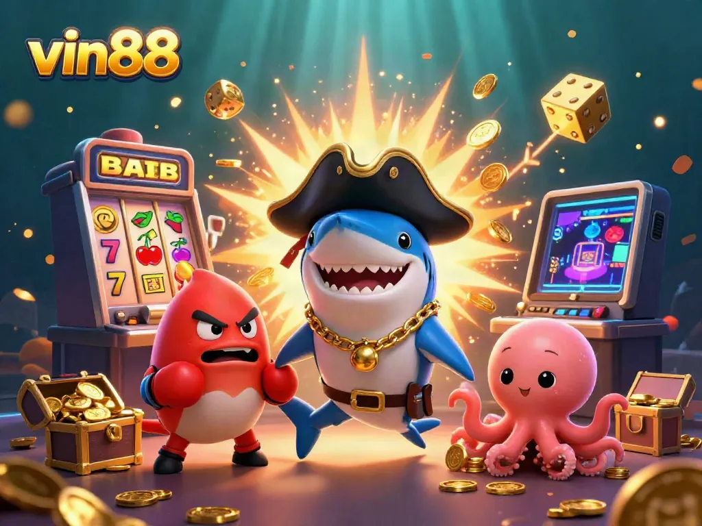 Win big at vin88 with a vivid underwater adventure featuring a shark, pufferfish, and octopus among dazzling casino fun.