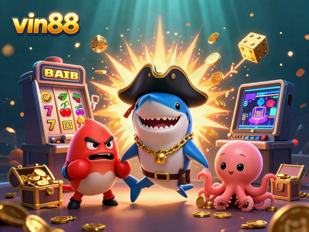 Win big at vin88 with a vivid underwater adventure featuring a shark, pufferfish, and octopus among dazzling casino fun.