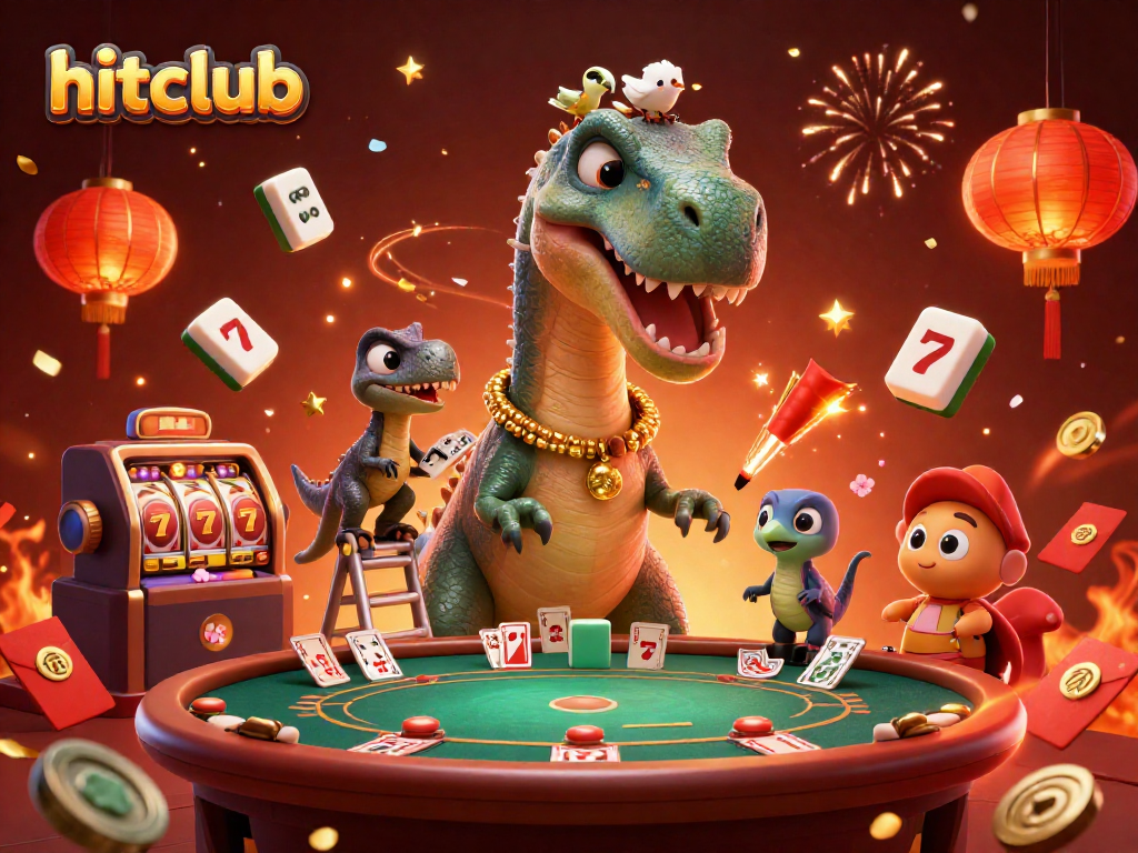 Hitclub players enjoy a lively casino scene featuring a giant brontosaurus among poker tables and festive decorations.