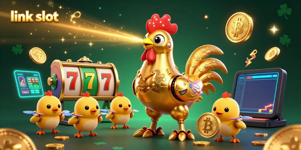 Exciting scene showcasing link slot with golden rooster robot, slot reels, and crypto coins.