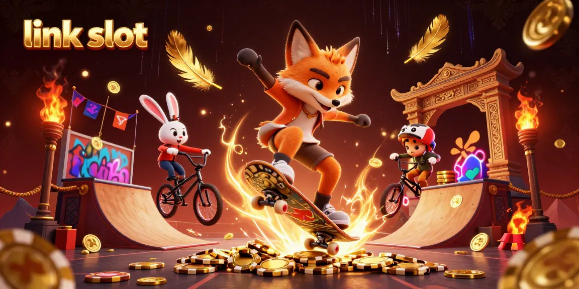 Engage with the thrilling action of link slot featuring a cartoon skateboarder fox and BMX rabbit in a vibrant casino scene.