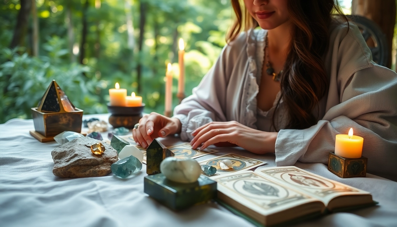 Hellseher online bietet Tarotlesungen in einer ruhigen Umgebung mit Kristallen und Kerzen.