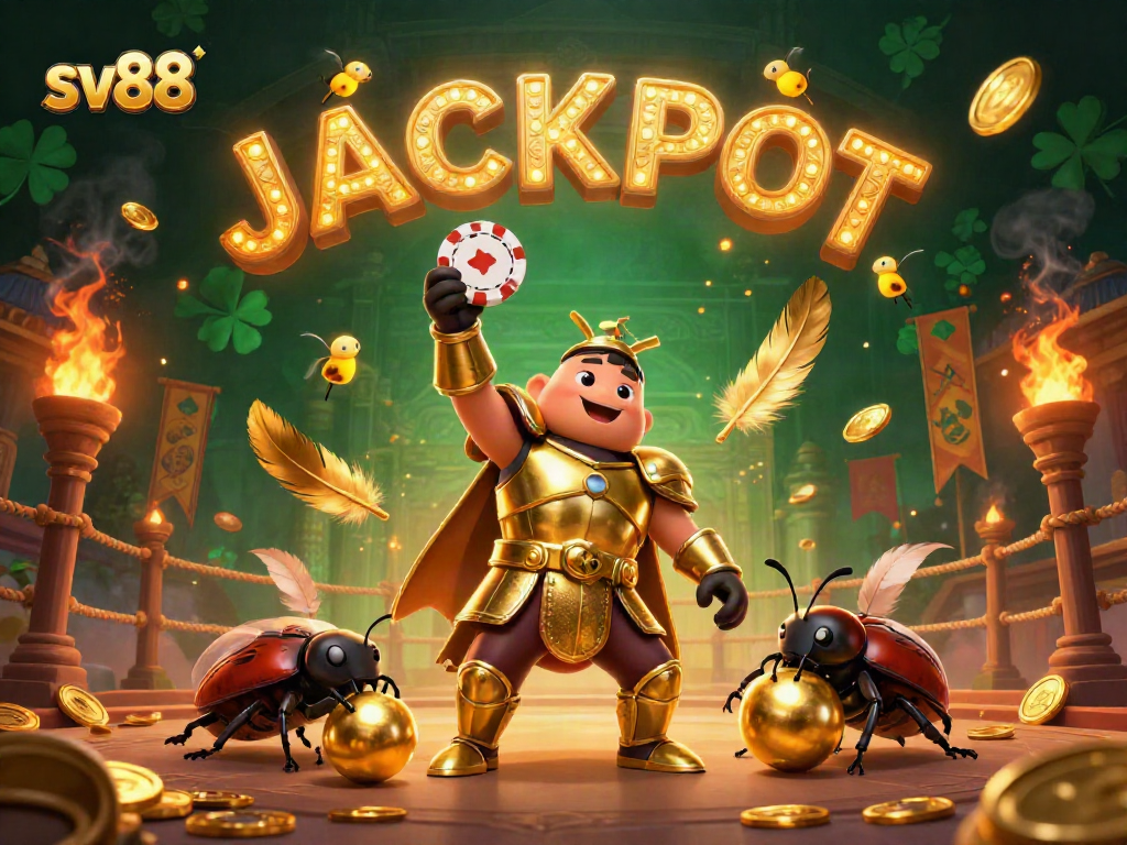 Engage in thrilling gameplay with sv88's captivating casino action, featuring a triumphant beetle character.