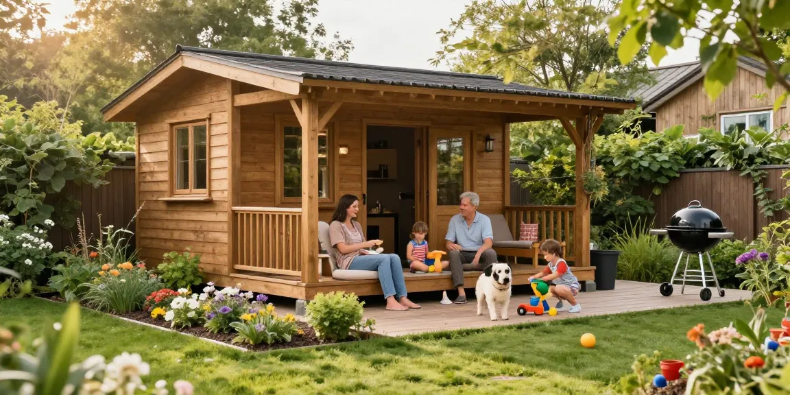 Gemütliches Gartenhaus umgeben von Blumenbeeten und einer Familie, die auf der Veranda entspannt.