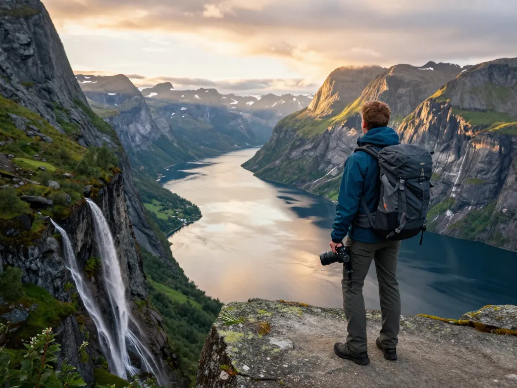 Reisetipps Skandinavien: Abenteurer am norwegischen Fjord bei Sonnenaufgang.